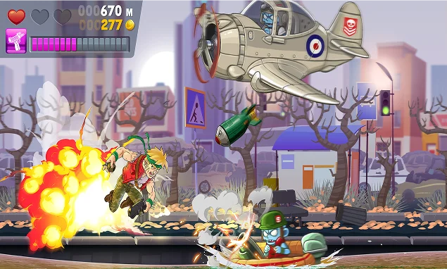 Scena z gry wideo typu side-scrolling pokazuje animowaną postać w powietrzu, unikającą eksplozji, z samolotem z czasów II wojny światowej i wrogami na wodzie poniżej. Energetyczna i pełna akcji.