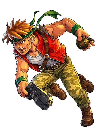 Zaciekły mężczyzna w akcji; ubrany w czerwoną kamizelkę i spodnie w kamuflażu, uzbrojony w granat i broń. Jego wyraz twarzy jest intensywny, emanuje determinacją.